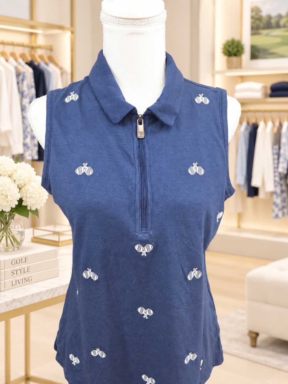 Sigrid Olsen Navy Sleeveless Polo Tank with White Tennis Motifs - Picture 5 of 9